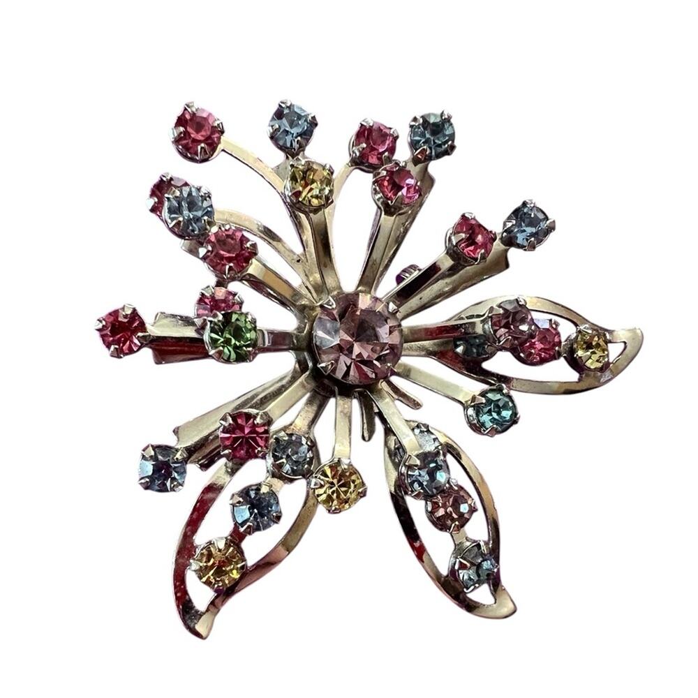 Vintage Brooch Pin Silver Tone Filigree Starburst  Multicolored Lucite Crystals - Picture 2 of 3